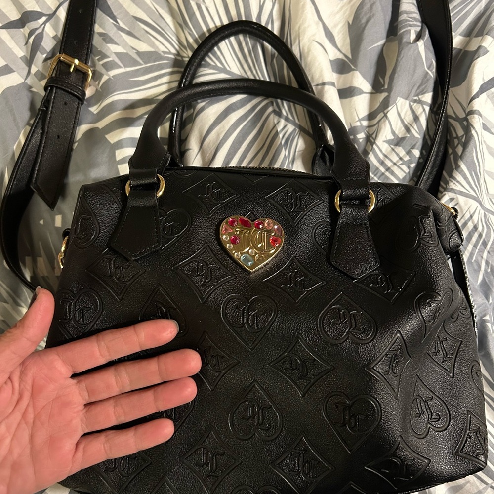 Black Embossed Handbag with Heart Detail